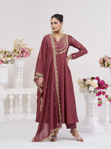 Image of MOKOSH Women's Silk Embroidery Anarkali Kurta Pant with Dupatta | Women's Anarkali Kurta Set | 3 Piece Ethnic Outfit with Dupatta | Round Neck Full Sleeve