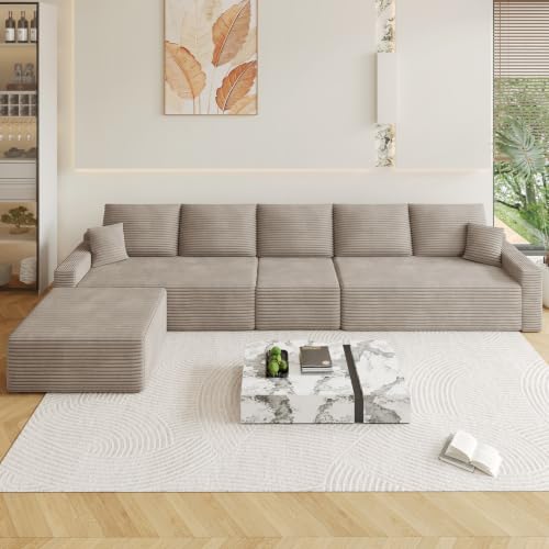 Image of Oversized Modular Sectional Sofa Couch, Large 6 Seater Corner Sofa Modern L Shaped Sectional Couch with Ottoman Cloud Couches for Living Room, Office, Spacious Space, Corduroy, No Assembly, Camel