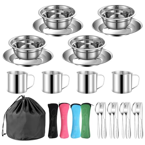 Tisssting Vajilla de Acero Inoxidable Juego de 24 Utensilios Cocina de Camping para 4 Personas, Juego de Platos de Camping con Platos Tazas Cucharas Tenedores, Utensilios de Cubiertos al Aire Libre