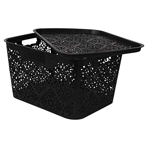 Image of Cutting Edge Essentials Plastic Storage Baskets /Shelf /Turkish Rack with Lid - Set of 2 for Fruit Vegetable Bathroom Stationary Home Basket with Handle (Black, Large)