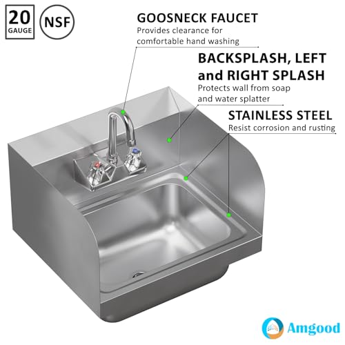 Image of AmGood Stainless Steel Wall Mount Hand Sink | NSF | Commercial Hand Washing Basin For Restaurant, Kitchen and Home (17 inch x 15 inch with Sidesplash)