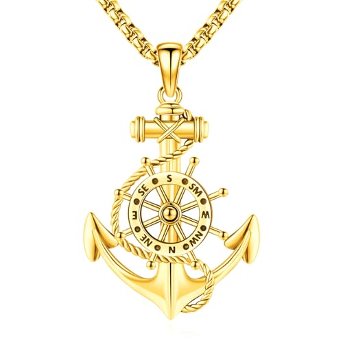 Eusense Compass Anchor Necklace for Women Men 925 Sterling Silver Anchor Jewelry Gold-Plated Rotatable Compass Pendant Gifts Her Him Birthday Anniversary Lover Travel Nautical Wife Husband Graduation