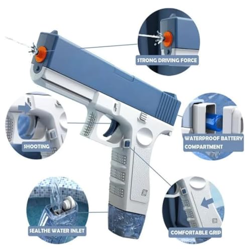 Image of High Pressure Glock Summer Pool Electric Water Gun | Automatic Squirt Gun with Range 30-35 Feet - Aqua Blue | Dual Static Magzine