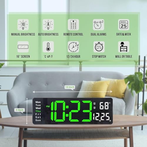 Image of EASEPRES 16 inch Digital Wall Clock with Remote Control - LED Display, Auto-Dimming, Countdown Timer, Temperature & Calendar - 12 /24 Hour Format, ABS Rectangle Design (Green+White)