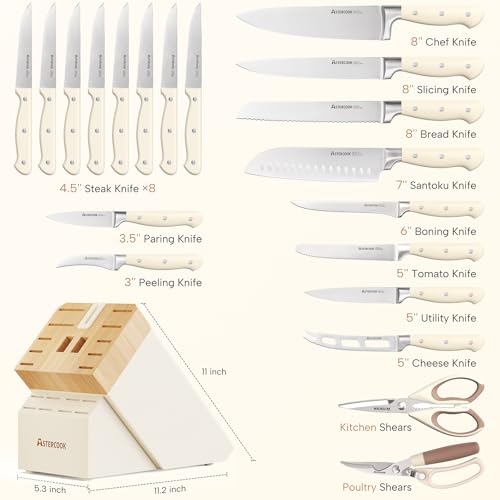 Image of Knife Set,Astercook Kitchen Knife Set with Block 22-Piece Full Tang Stainless Steel Knives with Sharpener Dishwasher Safe and Anti-Slip Ergonomic Handle Elegant Cream White Utensils Set