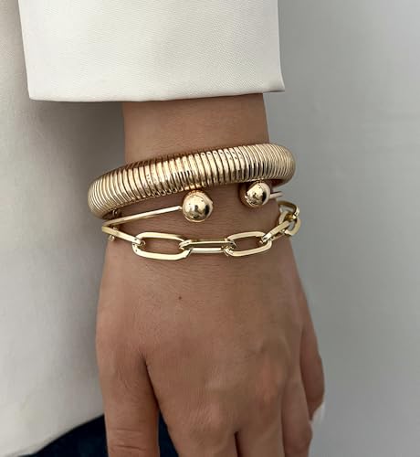 Image of Chunky Gold Bangle Bracelets for Women, Dainty 14k Gold Plated Big Stackable Bangles Set, Trendy Statement Cuff Bracelet Stack Fashion Jewelry Gifts