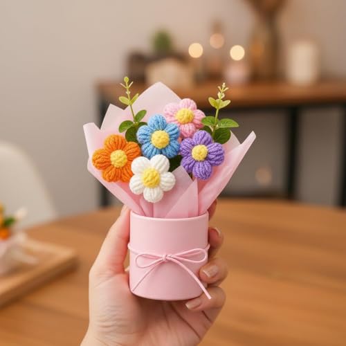 Image of Colorful Handmade Mini Flower Bouquet Gift - Crochet Artificial Flowers in Pot | Cute Bright Desk Decor | Birthday, Anniversary, Return Gift for Women & Girls | Long Lasting Floral Decoration