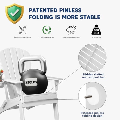 Image of Plawdlik Folding Adirondack Chair, SGS Tested, Wooden Textured with Cup Holder, Heavy All-Weather HDPE Comfortable Set Poolside Backyard Lawn White