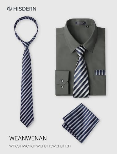 Image of HISDERN Mens Dress Shirt with Tie Pocket Square Set Classic Button Down Shirt Matching Tie Long Sleeve Shirts