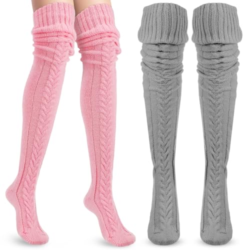 2 Pairs Thigh High Socks Cable Knitted Thigh High Boot Socks Over Knee Leg Warmers Fluffy Winter Stockings for Women Pink+Grey, One Size