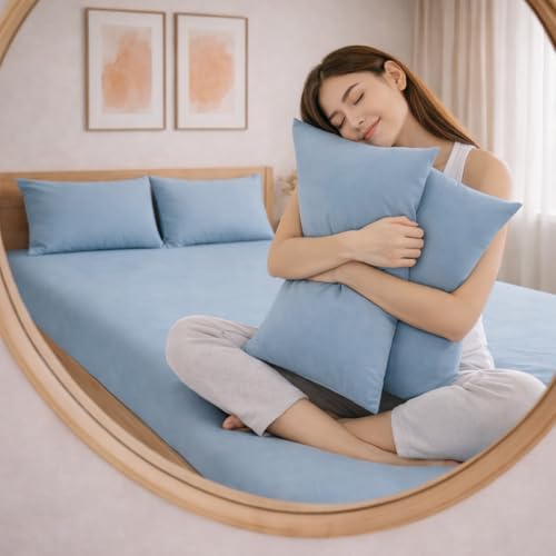 Image of THE HOME STYLE Solid Plain Cotton Feel Fitted Bedsheet (72x78 inches) with Reversible Comforter (90x100 inches) | King Size | 2 Pillow Covers | 300 TC | 4-Piece Bedding Set (Denim)