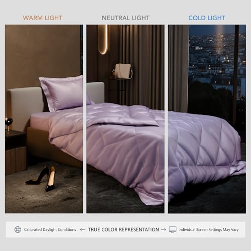 Image of Stoa Paris Satin Comforter Set Single Bed with Satin Bedsheet & Pillow Covers, 300TC Complete Bedding Set, Ideal Gifts for Women, Couples, Bedroom Home Furnishing, Date Night - Lilac Affair