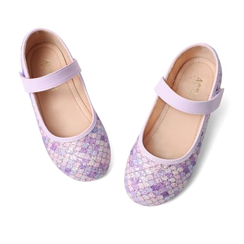 Toddler Girls Mermaid Dress Shoes Glitter Ballet Flats Non-Slip Soft Mary Jane Flower Girl Princess Shoes for School Party Wedding