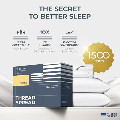 Image of THREAD SPREAD 100% Egyptian Cotton Sheets California King Size - 1500 Series Cal King Sheets Egyptian Cotton (4 PC, White), Silky Soft, Sateen Weave, Cooling & Breathable, 17 inch Deep Pocket Bed Set