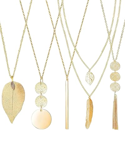 Fonyiunce Collier Long Femme Sautoir, Collier Long Femme Bohème Sautoir Femme Mode, Sautoir Simple Pendentif Long Barre Plumes Cercle Feuille Serrure Pompon...