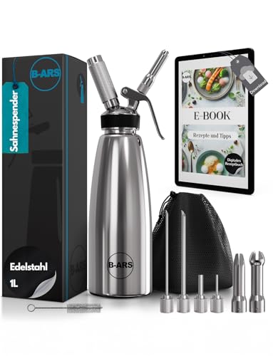 B-ARS Siphon Chantilly Acier Inoxydable 1L Boissons Mousses Chantilly avec Buses Décoratives Aiguilles Accessoires Sac Nettoyage Livre Recettes Matériaux...