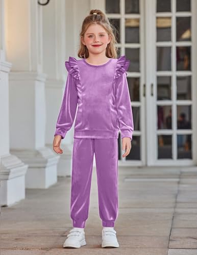 Image of Arshiner Girls 2 Piece Outfits Velour Tracksuit Ruffle Sweatshirt Sweatpant | Cute Clothes, Sweatsuit, Long Sleeve Pullover, Fall Winter Clothing Sets, for 3-10 Years
