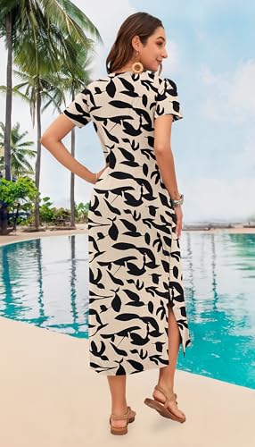 Image of MISFAY Womens Maxi Dress Short Sleeve V Neck Loose with Pockets | Soft stretchy breathable, v neck loose fit, side split hem, two side pockets, casual daily beach vacation travel dress