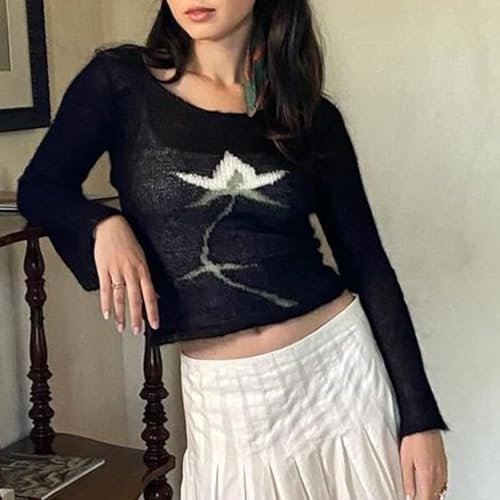 ICNGLKSND Women Lightweight Sheer Sweater Floral Print Knitwear Long Sleeve Boat Neck See Through Jumper Loose Rib Crop Tops2