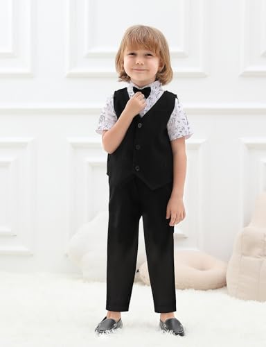 A&J DESIGN 4pcs Baby & Toddler Boy Suit Print Shirt Set for 12 Months - 5T, Shirt & Pants & Vest & Bow Tie3