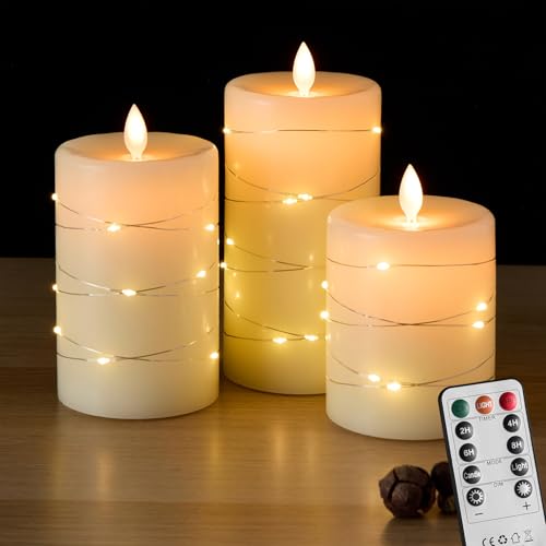 Image of amazon basics LED Candles with String Light Effect, Set of 3 (8X10 CM, 8X12.5 CM, 8X15 CM), Ivory Wax Pillars, Flickering Warm Flame, Remote & Timer, Flameless Decorative Lighting