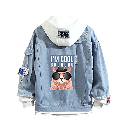 Lapus Cat Denim Hoodie False Two Pieces Denim Jacket Coats Button Down Hoodie Sweatshirts for Women Men