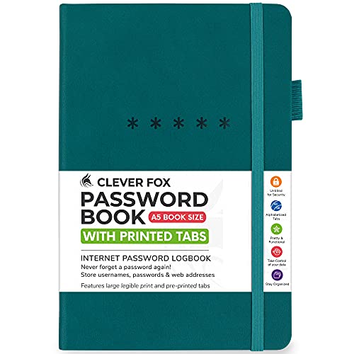 Clever Fox Password Book â€“ Alphabetized Internet Address & Password Organizer â€“ Computer & Website Password Keeper Notebook â€“ Log-in Password Journal - Medium, A5, 8.3x5.8â€³, Hardcover (Dark Teal)