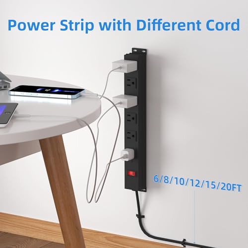 Image of Power Strip with 6AC Outlets 6 Ft UL 14AWG Cord Straight Plug,Metal Wall Mount Heavy Duty Power Strip with Switch for Commercial,Industrial,School and Home,15A /125V /1875W,Black(6FT)