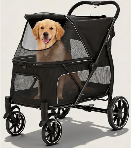 Dec-Mec Large Dogs Stroller for Multiple Pets up to 100lbs Ultra-Breathable Pet Stroller for Medium 2 DogsAll-Terrain with& Mesh Dual-Window1680D Waterproof Oxford Fiber (Black)