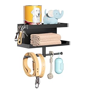 Dog Leash Holder for Wall, Black Leash Hanger, Wall Mounted Dog Stuff Storage and Organizer, Metal Key Holder Pet Leash Hooks for Leash, Training Treats, Chew Toys, Keys, Large