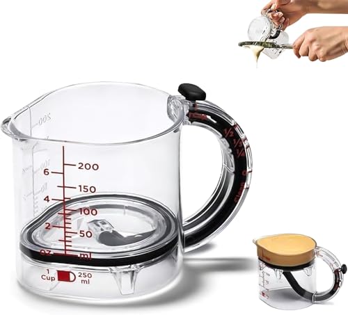 4-in-1 Measuring Cup with Adjustable Base, Multi-Functional Push Measuring Cup with Scraper-Style Seal Base, No Waste Design for Cooking and Bakings