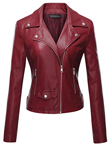 Tanming Women's Long Sleeve Zipper Fuax Leather Jacket Coat (Medium, Red Rock) #TOP9