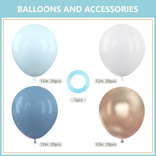 Image of Dusty Blue Metallic Champagne Gold Balloon Set 12 Inches,70 Pcs Blue White Metallic Champagne Gold Latex Balloons,Baby Blue Gold Party Balloons for Birthday