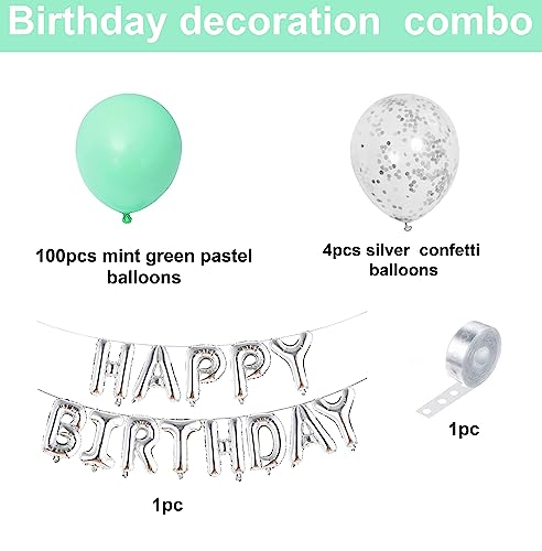 Image of 1iAM Happy Birthday Decoration Combo Including Happy Birthday Foil Balloon and Pastel and Confetti Balloons (Mint Green and Silver | Set of 106)