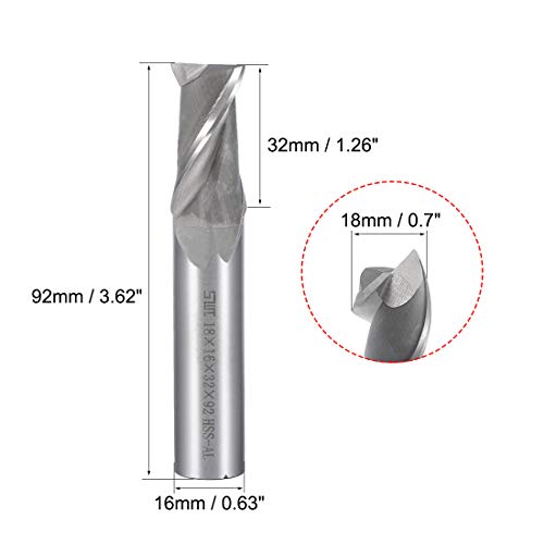 Image of uxcell High Speed Steel HSS-AL 2 Flute Straight Shank End Mill Cutter CNC Router Bits, 18 x 16 x 32mm