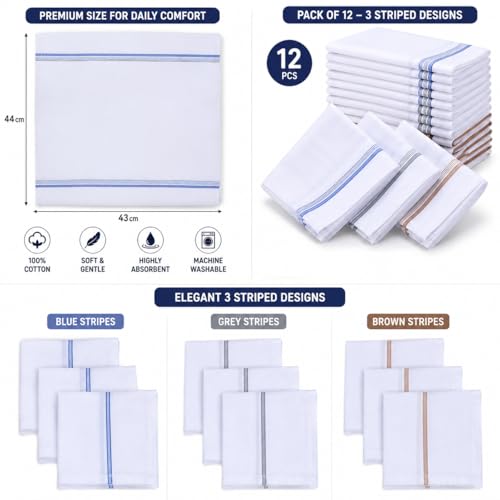 Image of Men's Cotton Handkerchief Pack of 12 | White Soft & Absorbent Hanky Set | Reusable Pocket Square for Daily Use | 100% Organic Cotton