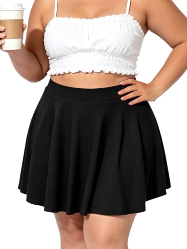 Moon Wood Womens Plus Size Skater Skirt with Shorts Pockets High Waisted A-line Flared Casual Basic Mini Skort Skirts Black