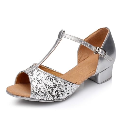 Girls' Sparkling Latin with T-Strap Sequins Dance Shoes with Low Heels for Kids & Toddlers