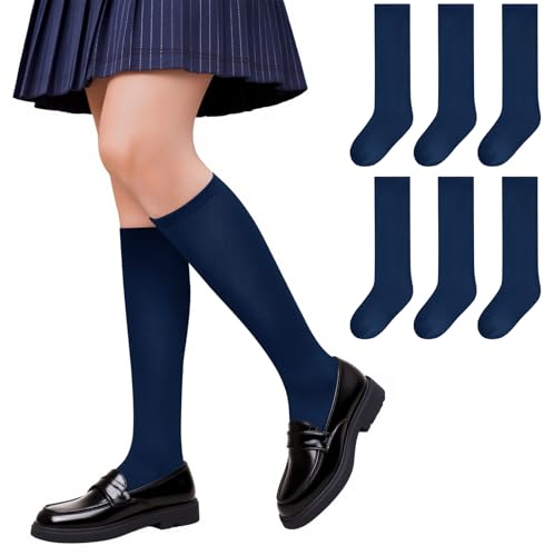 Haloumoning 3 Pack Girls Knee High School Uniform Dress Socks Kids Long Seamless Toe Cotton Tube Socks 1-15 Years
