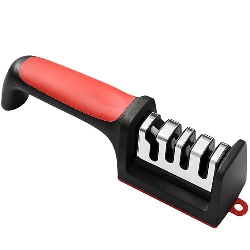 Vigvitfur 4-in-1 Kitchen Knife Sharpener, Professional Grade with Tungsten Steel, Ceramic Slots, Scissor Sharpening, Black, Red, Removable Grinding Head