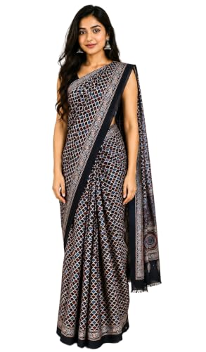 Image of Ethnics of Kutch Womenss Ajrakh Modal Silk Natural Dye Hand Block Print Saree with Blouse Piece - 5.5 Mtr Length