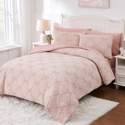 Twin Comforter Set with Sheets for Girls-5 Pieces Twin Bedding Sets with Pink Comforter, Sheets, Pillowcase & Sham for Kids (Pink Diamond, 66" X 86")