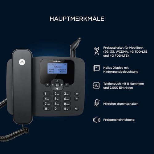 Motorola Voice – FW410L 4G kabelloses Festnetztelefon, WLAN-Hotspot, SIM-Karte, Batterie-Backup, Freisprecheinrichtung, GSM-Quadband, Anrufweiterleitung