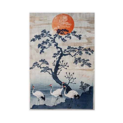 Poster japonais soleil rouge rétro en toile pour décoration de chambre zen, format 50x75 cm