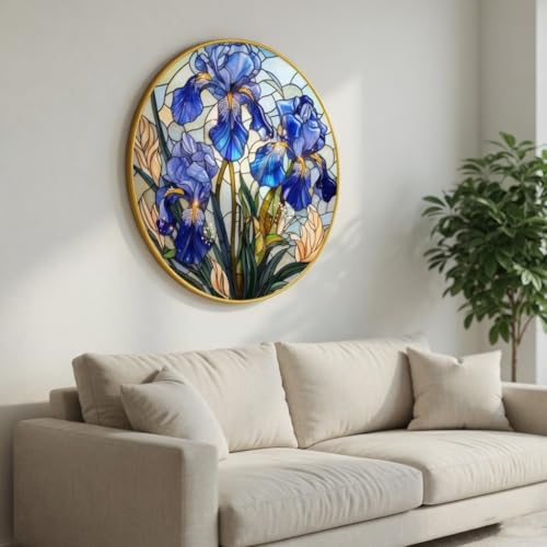Image of SAF Blue Iris Flower Wall Painting with Golden PVC Frame Round Floral Art Stained Glass Style Modern Decor for Living Room Bedroom Office Home Decorative Gift Item (16 x 16 Inch) GRM-361