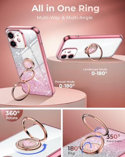Image of XYZ for iPhone 12 Back Cover Case with Stand, Phone Case with Double Ring Kickstand, Women Girls Bling Luxury Glitter Clear Phone Case Cover Heart for iPhone 12, Rose Gold