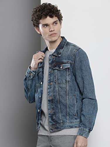 Image of The Indian Garage Co Men Blue Slim Fit Solid Denim Trucker Jacket