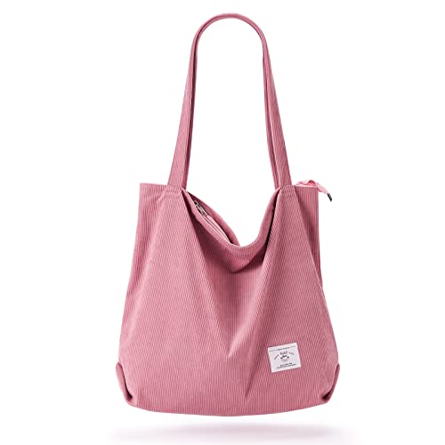 KALIDI Women Corduroy Tote Bag Casual Tote's Handbag Big Capacity Shoulder Bag with Pockets Zippers (Pink)