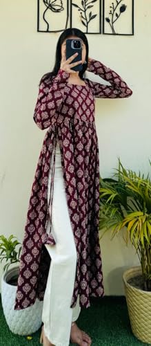 Image of Women's Cotton Nayra Cut Kurti for Women | Full Sleeves Printed Long Kurta | Stylish Flared Ethnic Wear Kurti, Casual & Festive Occasion