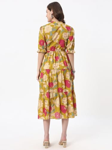 Image of PIDAVLIYA'S Women's Floral Summer Maxi Dress I Cotton Printed I One Piece Bodycon Midi Dress with V-Neck, Puffed Sleeves